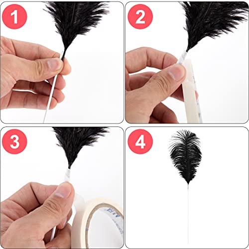 Ragnify Pack of 24 Natural Black Ostrich Feathers 10-12 Inches with 24 Sticks 10 Inches and Tape for DIY Decorations, Wedding Party Centerpiece Gatsby Decorations