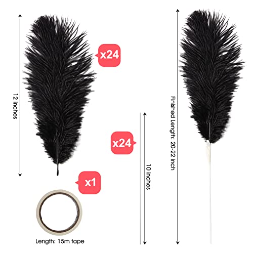 Ragnify Pack of 24 Natural Black Ostrich Feathers 10-12 Inches with 24 Sticks 10 Inches and Tape for DIY Decorations, Wedding Party Centerpiece Gatsby Decorations