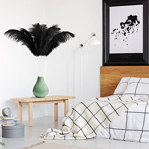 Ragnify Pack of 24 Natural Black Ostrich Feathers 10-12 Inches with 24 Sticks 10 Inches and Tape for DIY Decorations, Wedding Party Centerpiece Gatsby Decorations