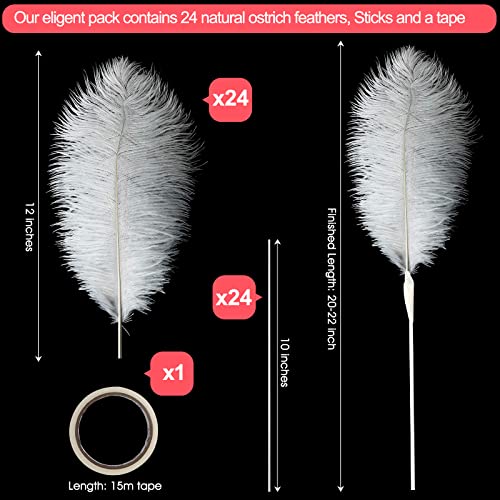 Ragnify Pack of 24 Natural White Ostrich Feathers 10-12 Inches with 24 Sticks 10 Inches and Tape for DIY Decorations, Wedding Party Centerpiece Decorations