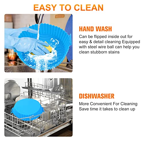 Ragnify Round Silicone Air Fryer Liners with Handle and Heat Gloves for 3 to 5 QT Air Fryer- Pack of 2 Flammable Parchment Paper Alternative Silicone Liners (Blue & Pink)