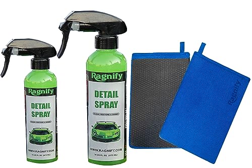 Ragnify- 2 Mesh Clay Mitt with Detailing Spray 16oz, Quick Waterless Detailer for Shine, Car Wax for Clay Bar, Gloss & Depth to Paint, Quick Detailer Kit (2x8 Oz Spray Bottles & 2 Mitts)