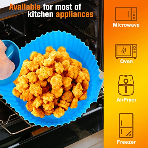 Ragnify Round Silicone Air Fryer Liners with Handle and Heat Gloves for 3 to 5 QT Air Fryer- Pack of 2 Flammable Parchment Paper Alternative Silicone Liners (Blue & Pink)