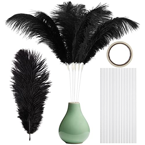 Ragnify Pack of 24 Natural Black Ostrich Feathers 10-12 Inches with 24 Sticks 10 Inches and Tape for DIY Decorations, Wedding Party Centerpiece Gatsby Decorations