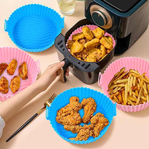 Ragnify Round Silicone Air Fryer Liners with Handle and Heat Gloves for 3 to 5 QT Air Fryer- Pack of 2 Flammable Parchment Paper Alternative Silicone Liners (Blue & Pink)