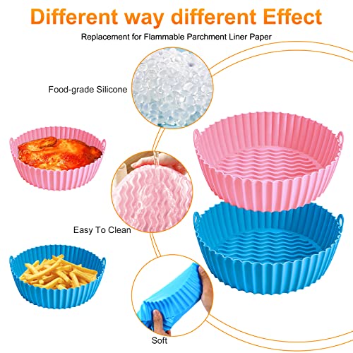 Ragnify Round Silicone Air Fryer Liners with Handle and Heat Gloves for 3 to 5 QT Air Fryer- Pack of 2 Flammable Parchment Paper Alternative Silicone Liners (Blue & Pink)