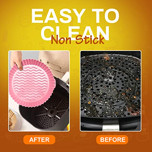 Ragnify Round Silicone Air Fryer Liners with Handle and Heat Gloves for 3 to 5 QT Air Fryer- Pack of 2 Flammable Parchment Paper Alternative Silicone Liners (Blue & Pink)