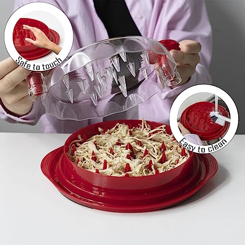Ragnify Chicken Shredder Tool with Transparent Lid & Cleaning Brush, Non-Skid Base to Claws Meat for Boil Chicken, Beef and Other Meat - 10.8 Inches(Red)