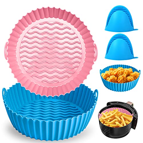 Ragnify Round Silicone Air Fryer Liners with Handle and Heat Gloves for 3 to 5 QT Air Fryer- Pack of 2 Flammable Parchment Paper Alternative Silicone Liners (Blue & Pink)